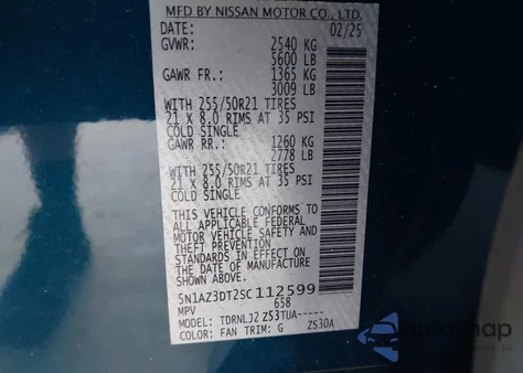 2025 Nissan Murano Platinum from USA, damaged, VIN 5N1AZ3DT2SC112599